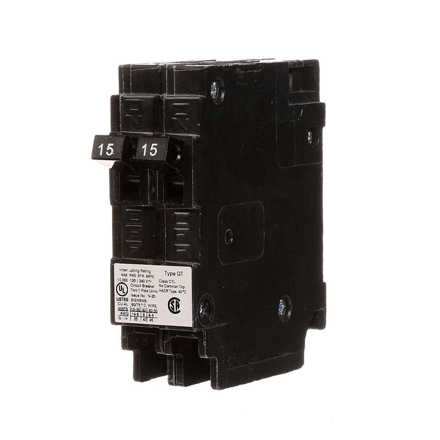 Siemens 15A 120V 1-Pole Type QT Plug-In Duplex Circuit Breaker, 10kA Interrupt, Thermal Magnetic Trip, Space-Saver Twin