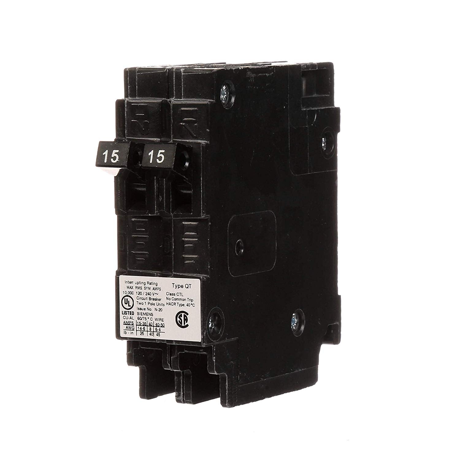 Siemens 15A 120V 1-Pole Type QT Plug-In Duplex Circuit Breaker, 10kA Interrupt, Thermal Magnetic Trip, Space-Saver Twin