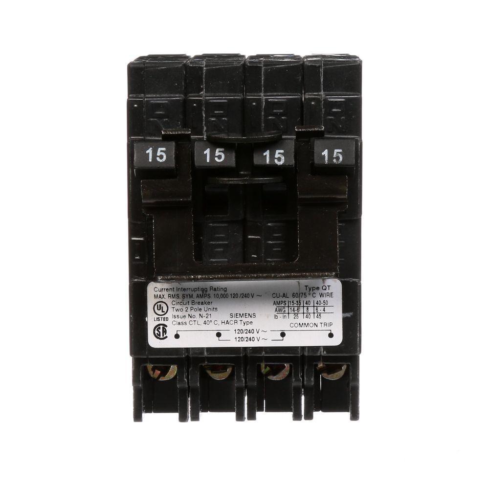 Siemens 15A 2-Pole 120/240V QT Quadplex Circuit Breaker 10kA Interrupt Rating