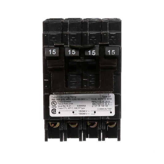 Siemens 15A 2-Pole 120/240V QT Quadplex Circuit Breaker 10kA Interrupt Rating