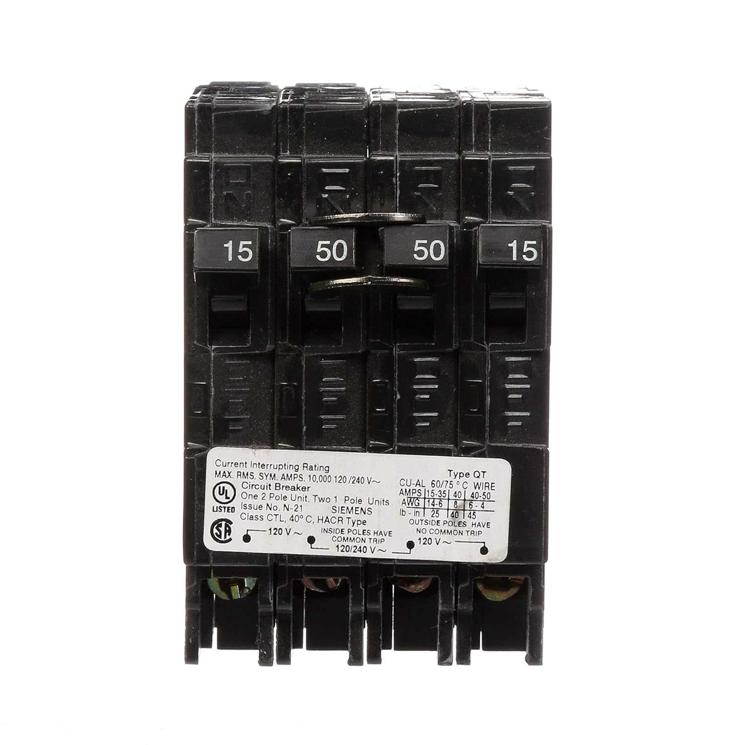 Siemens 15/50 Amp 240V Quad Thermal Magnetic Circuit Breaker Type QT