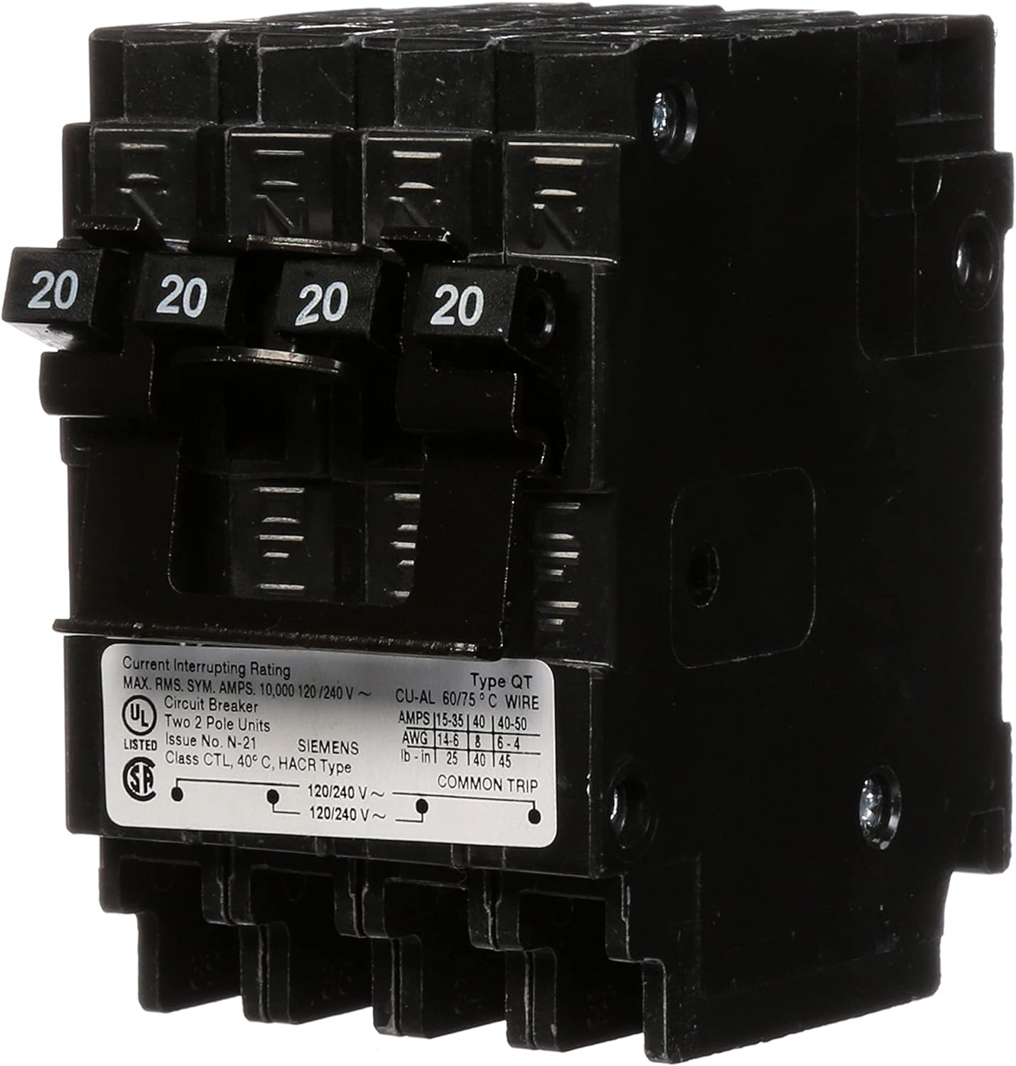 Siemens Quadplex 2 Pole 20/20A 120/240VAC Plug-In Circuit Breaker 10kAIC
