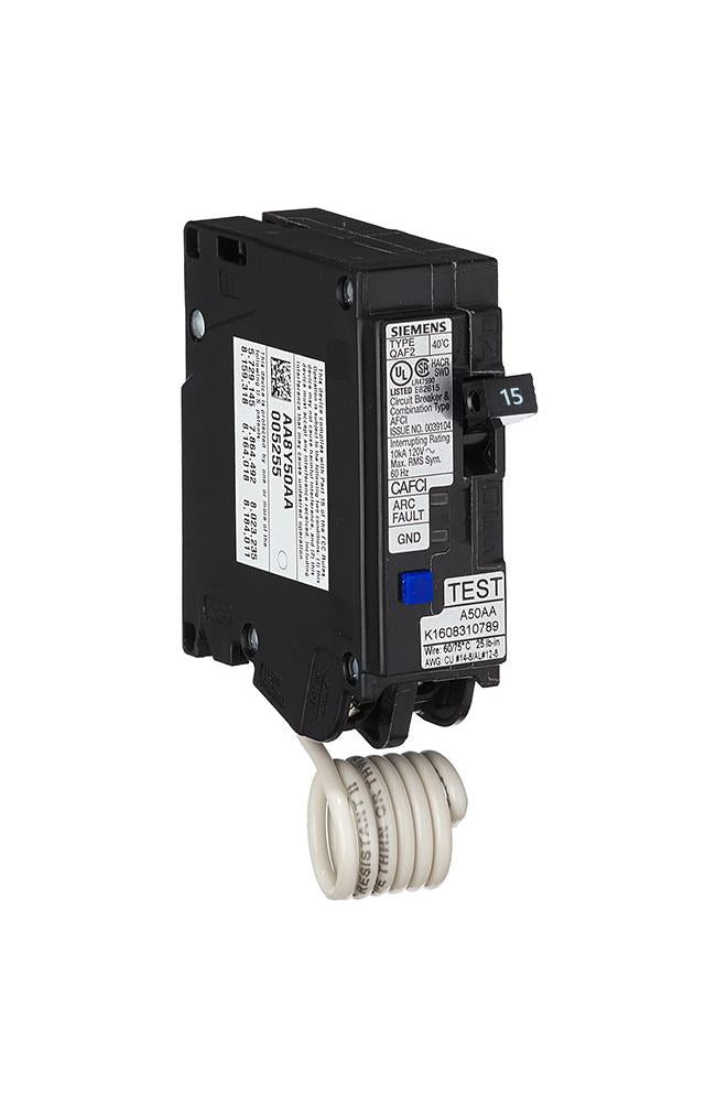 Siemens 15 Amp 120 VAC 1-Pole Combination Arc Fault Circuit Breaker Plug-In 10kA Interrupt Rating