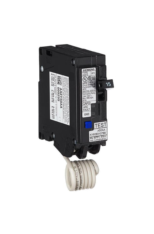 Siemens 15 Amp 120 VAC 1-Pole Combination Arc Fault Circuit Breaker Plug-In 10kA Interrupt Rating