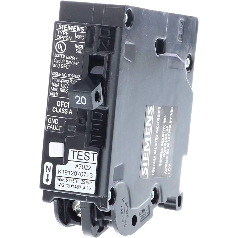 Siemens 20A 120V 1-Pole Ground Fault Circuit Breaker Plug-On Neutral Type QPF2N
