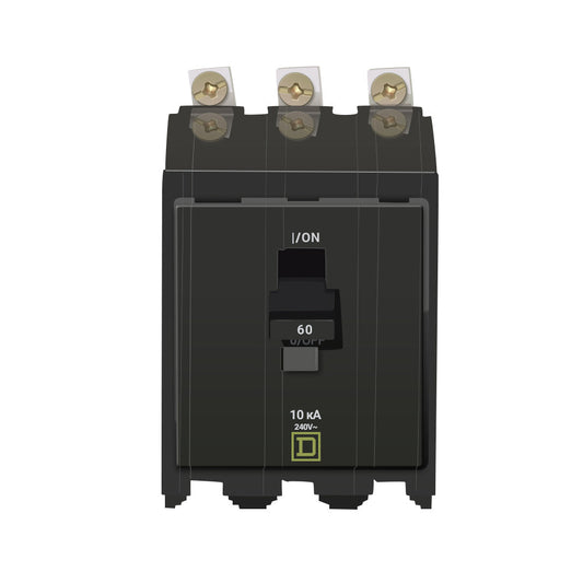Square D 60A 3-Pole 120/240VAC Bolt-On Miniature Circuit Breaker, 10kA Interrupt, QOB Series, Thermal Magnetic Trip, UL/CSA Certified