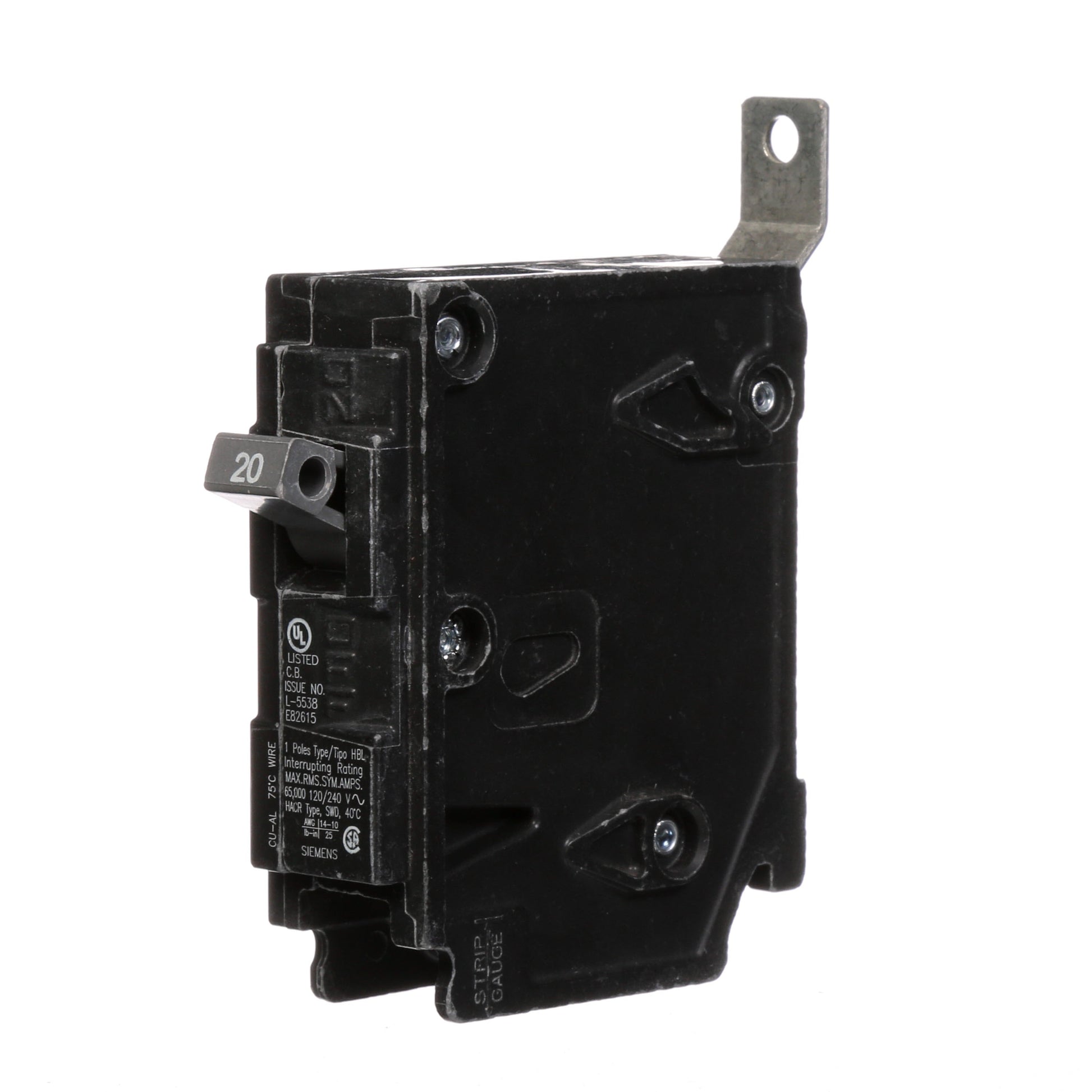Siemens 20 Amp 120/240V 1 Pole Bolt-On Circuit Breaker, 65kA Interrupt Rating, BL Series
