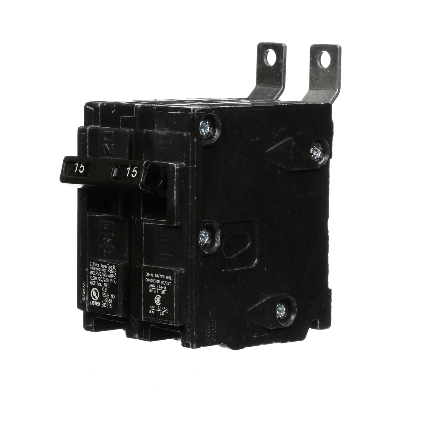 Siemens 15 Amp 2 Pole 120/240V Bolt-On Circuit Breaker, 10kA Interrupt Rating, BL Series