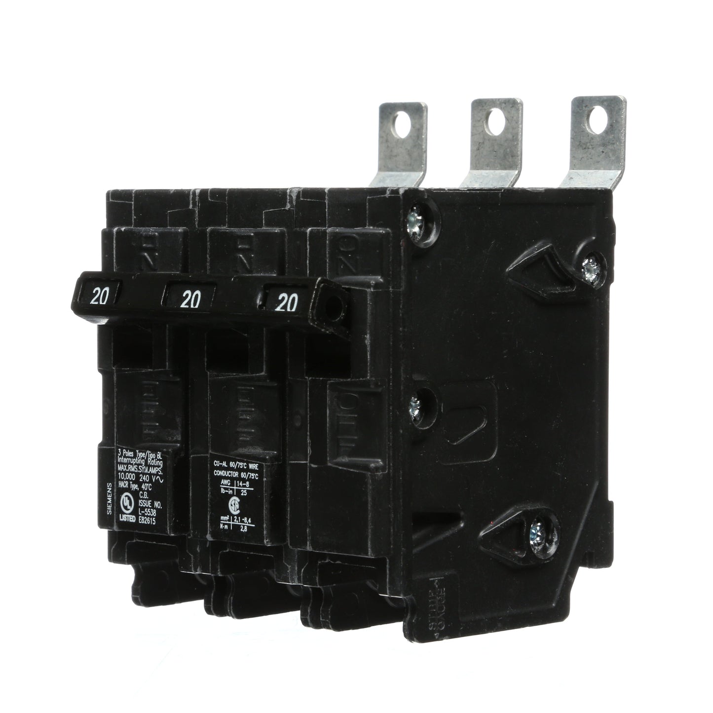 Siemens 20 Amp 240 VAC 3 Pole Bolt-On Molded Case Circuit Breaker Type BL 10kA Interrupt