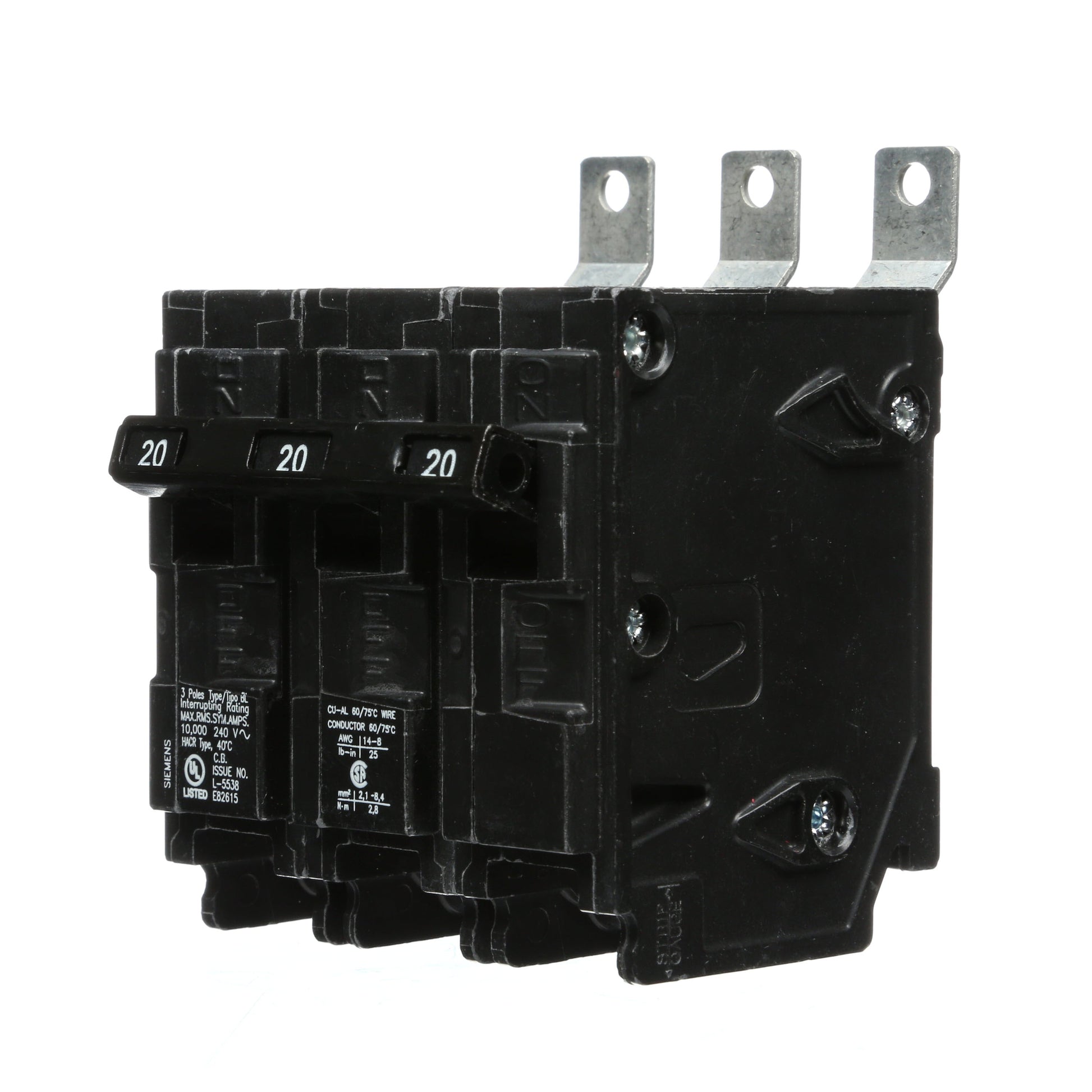 Siemens 20 Amp 240 VAC 3 Pole Bolt-On Molded Case Circuit Breaker Type BL 10kA Interrupt