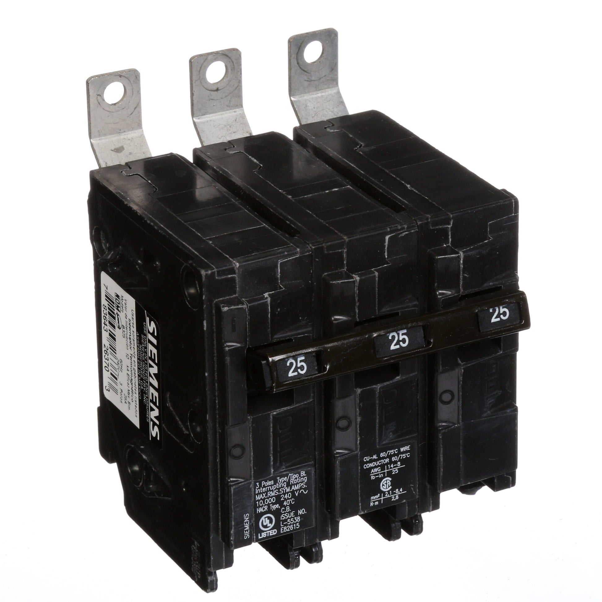 Siemens 25A 240V 3-Pole Molded Case Circuit Breaker Type BL Bolt-On