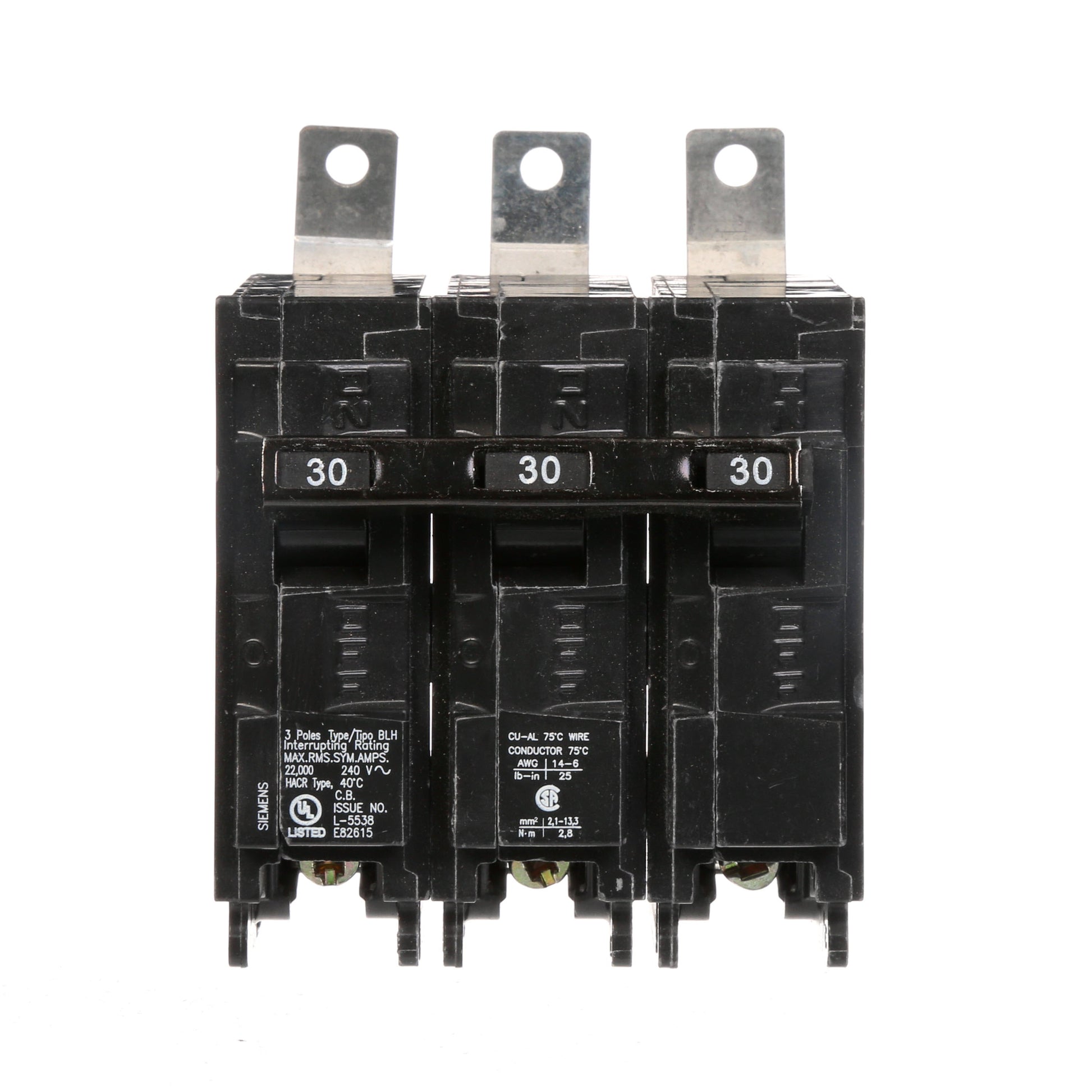 Siemens 30 Amp 240VAC 3 Pole Bolt-On Molded Case Circuit Breaker 22kA Interrupting Rating