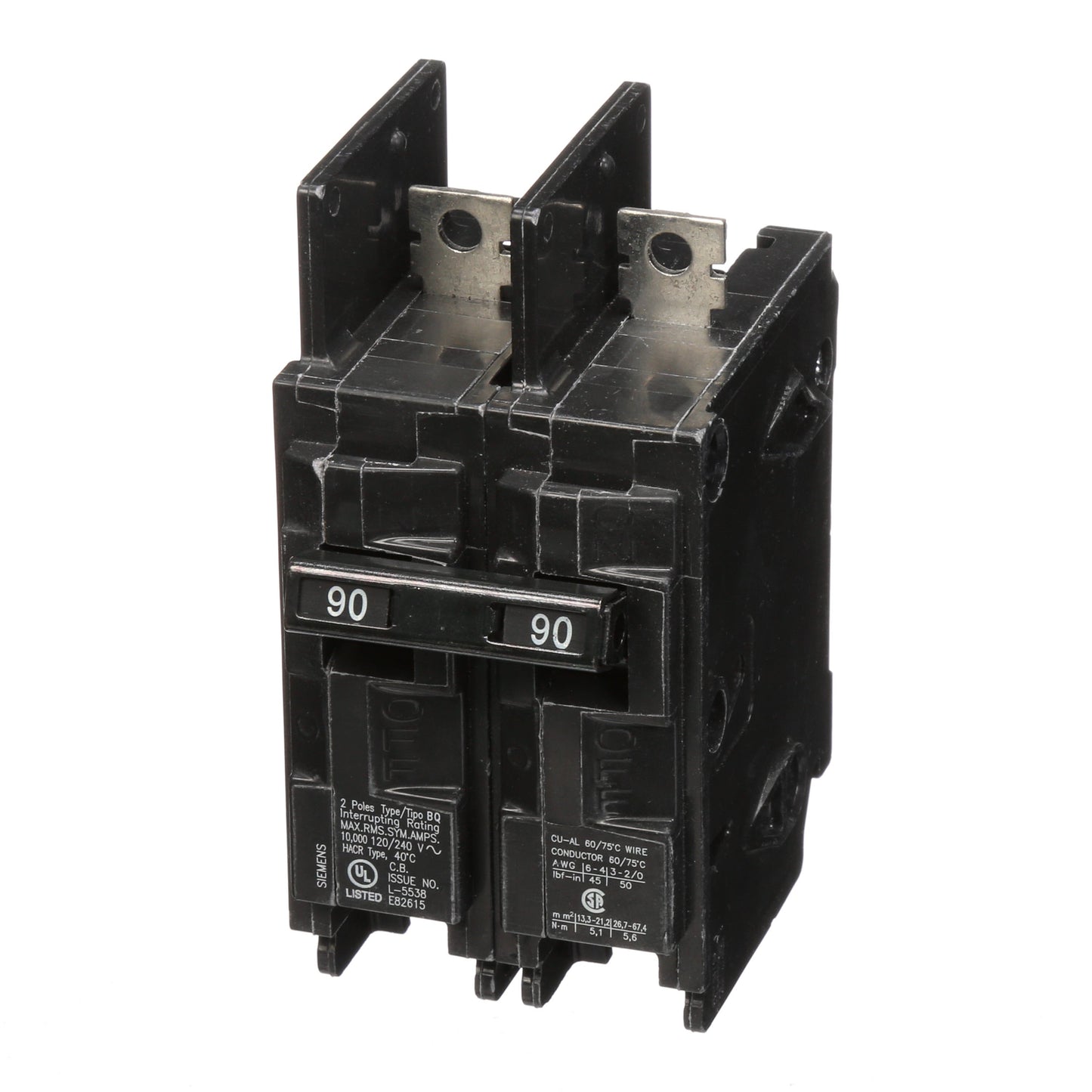 Siemens 90 Amp 2 Pole 120/240VAC BQ Series Molded Case Circuit Breaker, 10 kA Interrupt, Thermal/Magnetic Trip, Bolt-On Mount