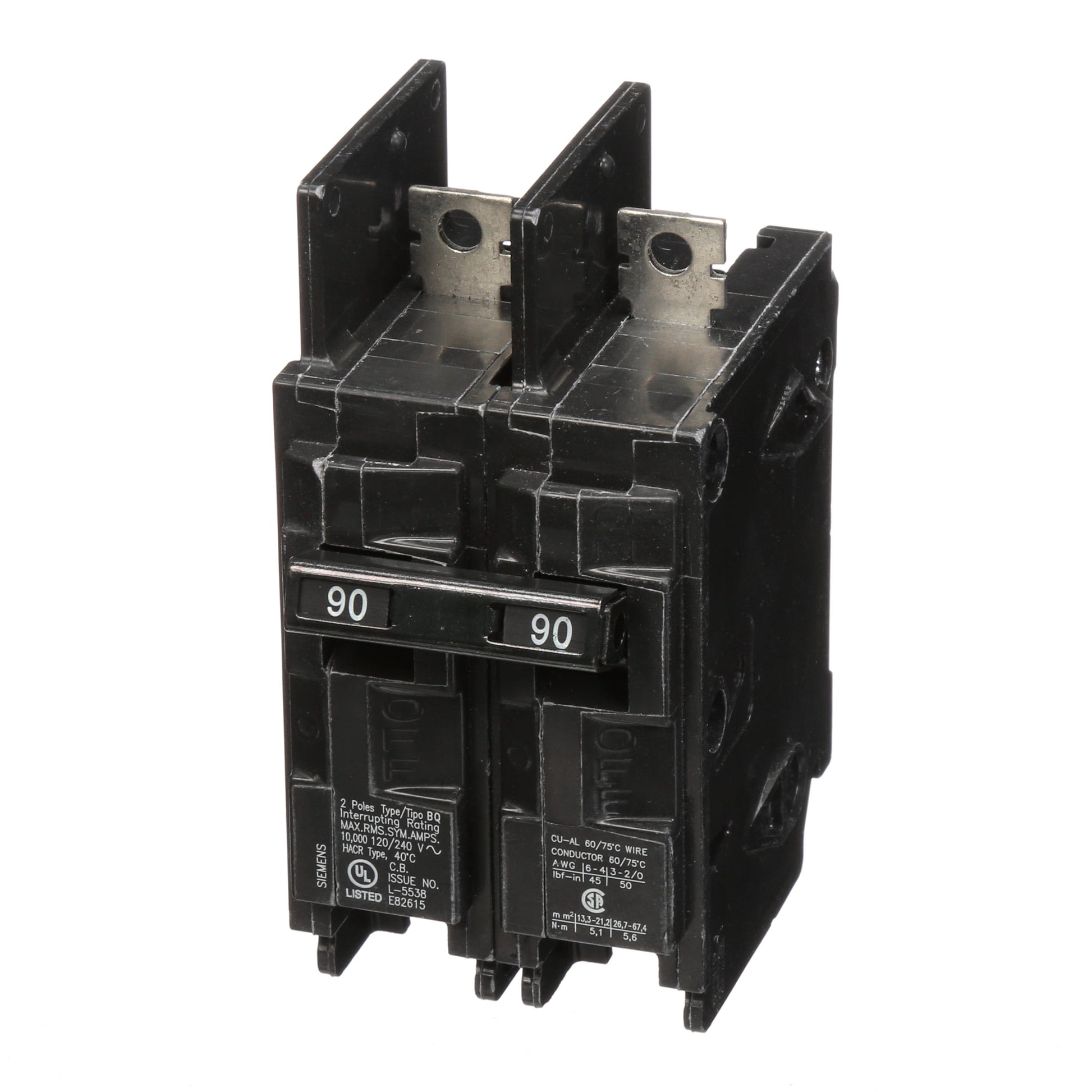 Siemens 90 Amp 2 Pole 120/240VAC BQ Series Molded Case Circuit Breaker, 10 kA Interrupt, Thermal/Magnetic Trip, Bolt-On Mount
