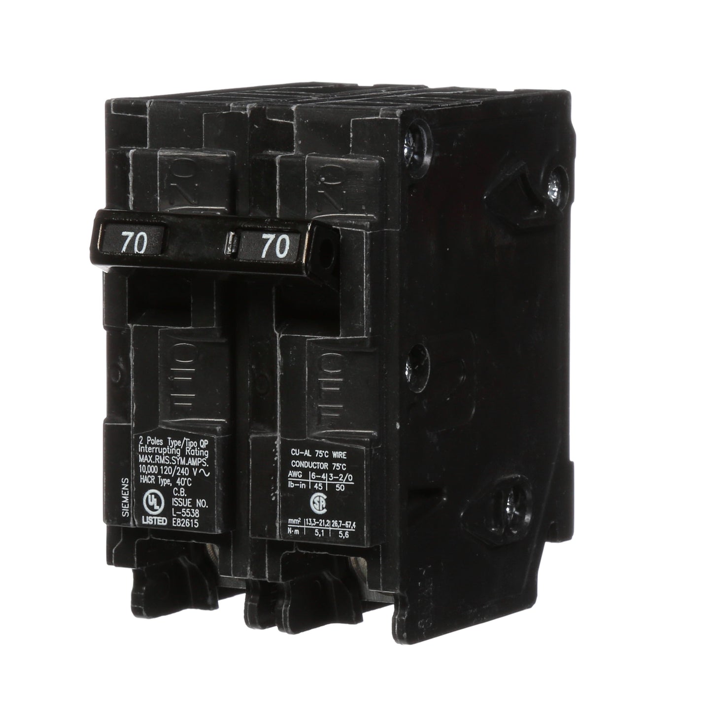 Siemens 70 Amp 2-Pole 120/240VAC Plug-In Circuit Breaker, Type QP, 10kAIC, Thermal Magnetic Trip, UL Listed