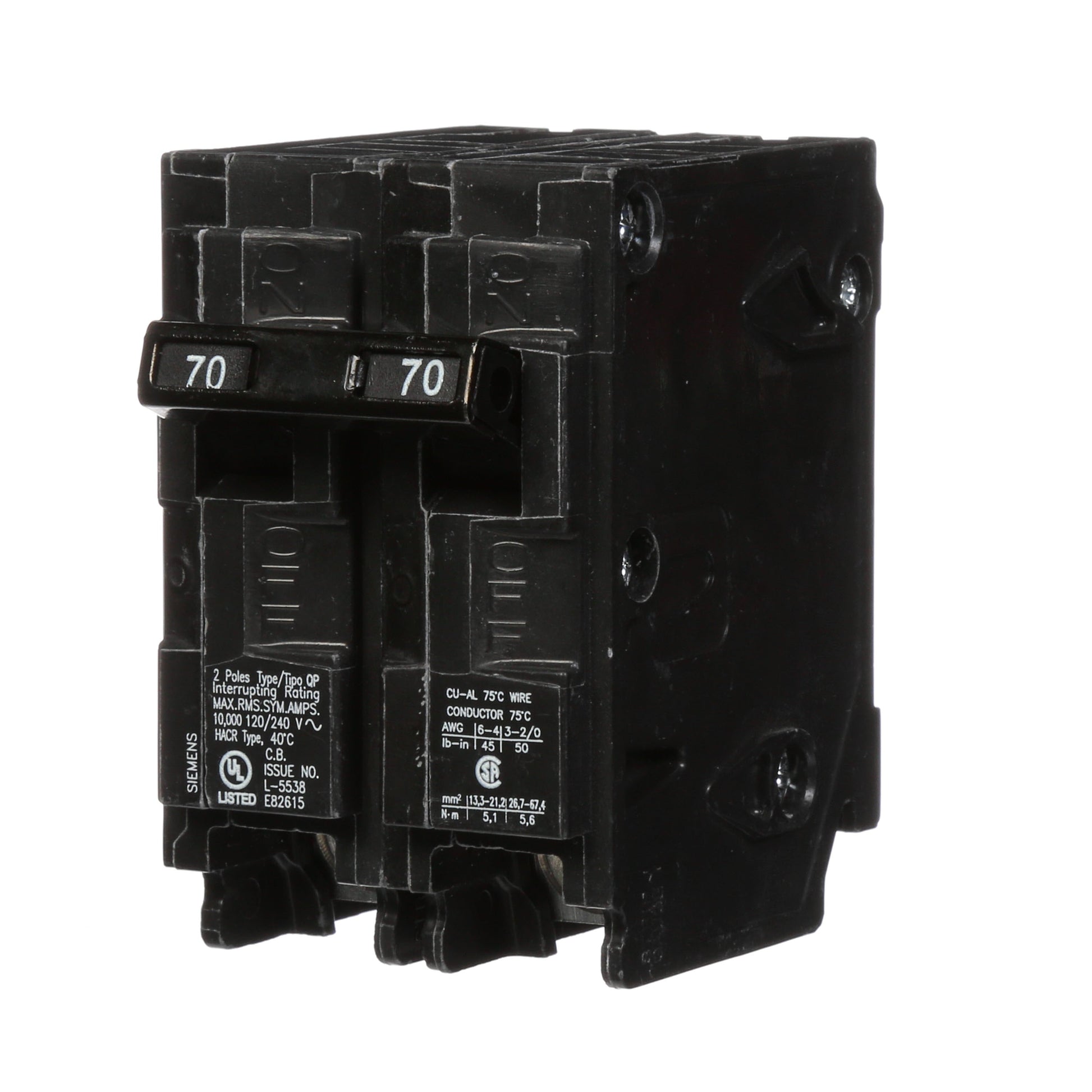Siemens 70 Amp 2-Pole 120/240VAC Plug-In Circuit Breaker, Type QP, 10kAIC, Thermal Magnetic Trip, UL Listed