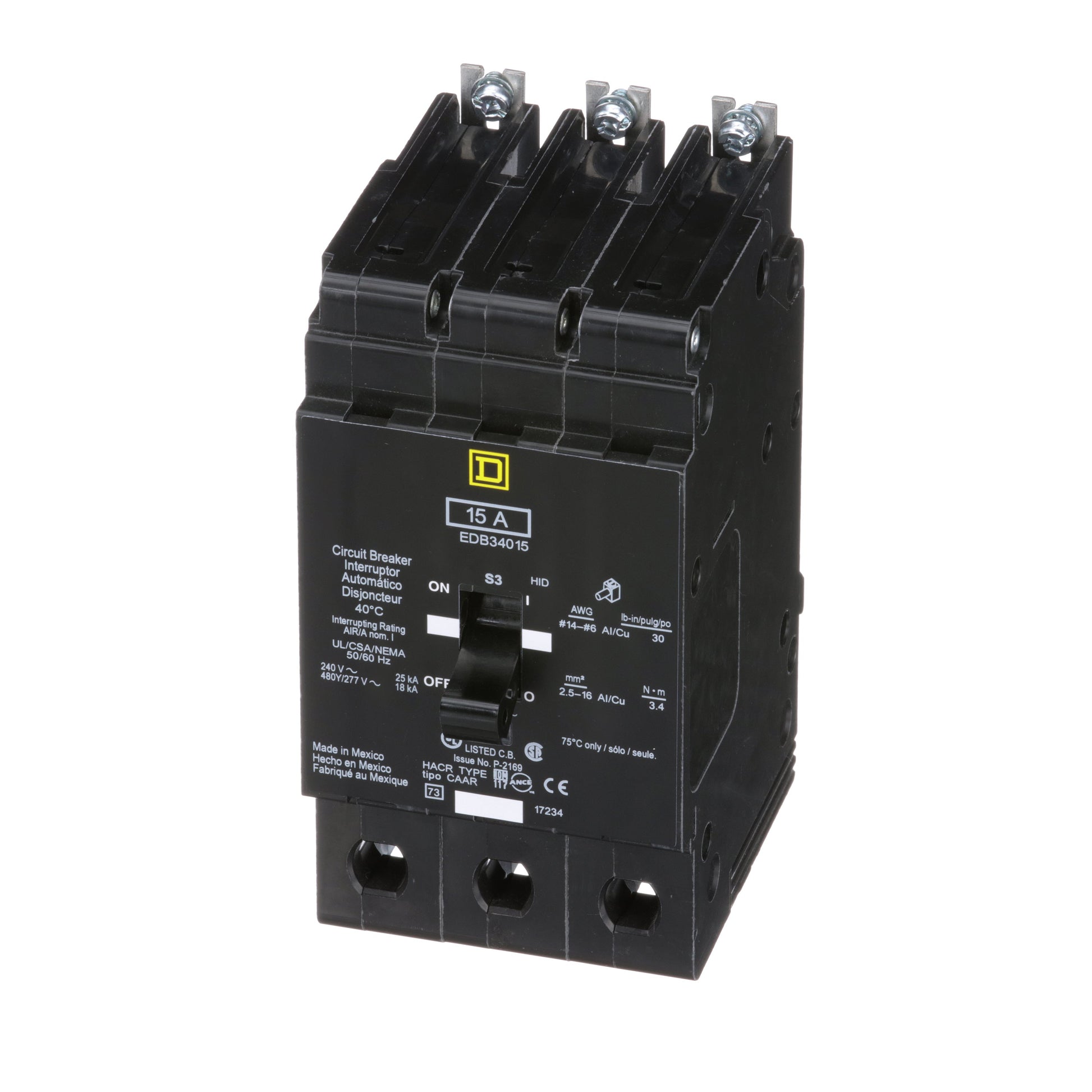 Schneider Electric (Square D) 3-Pole 15 A 480Y/277 V AC Bolt-On Circuit Breaker, Type EDB