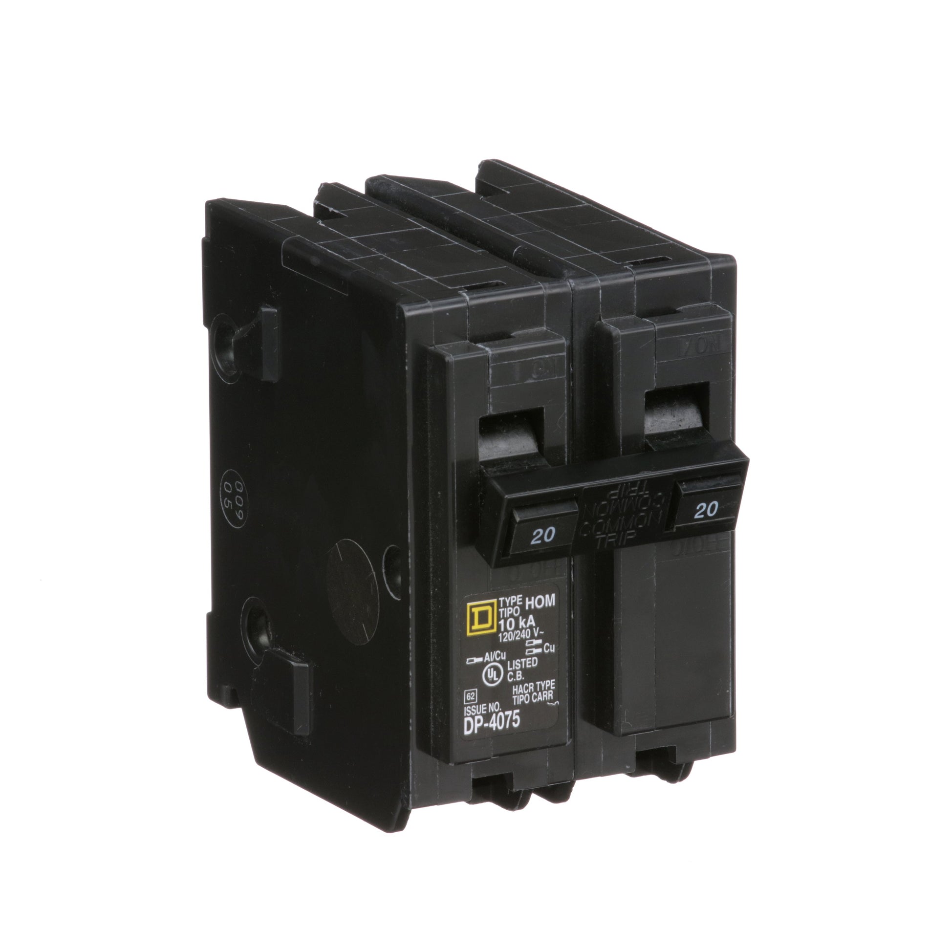 Square D 20 Amp 2 Pole 120/240VAC Circuit Breaker Homeline Plug-In 10kA Interrupt Rating