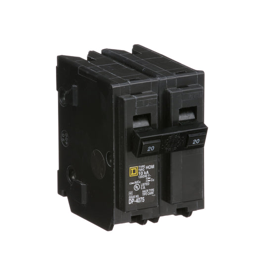 Square D 20 Amp 2 Pole 120/240VAC Circuit Breaker Homeline Plug-In 10kA Interrupt Rating